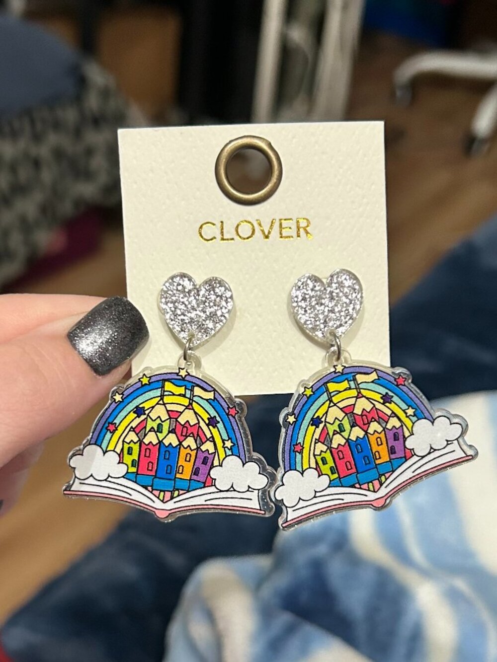 Rainbow Book Dangle Earrings with Glitter Heart Studs